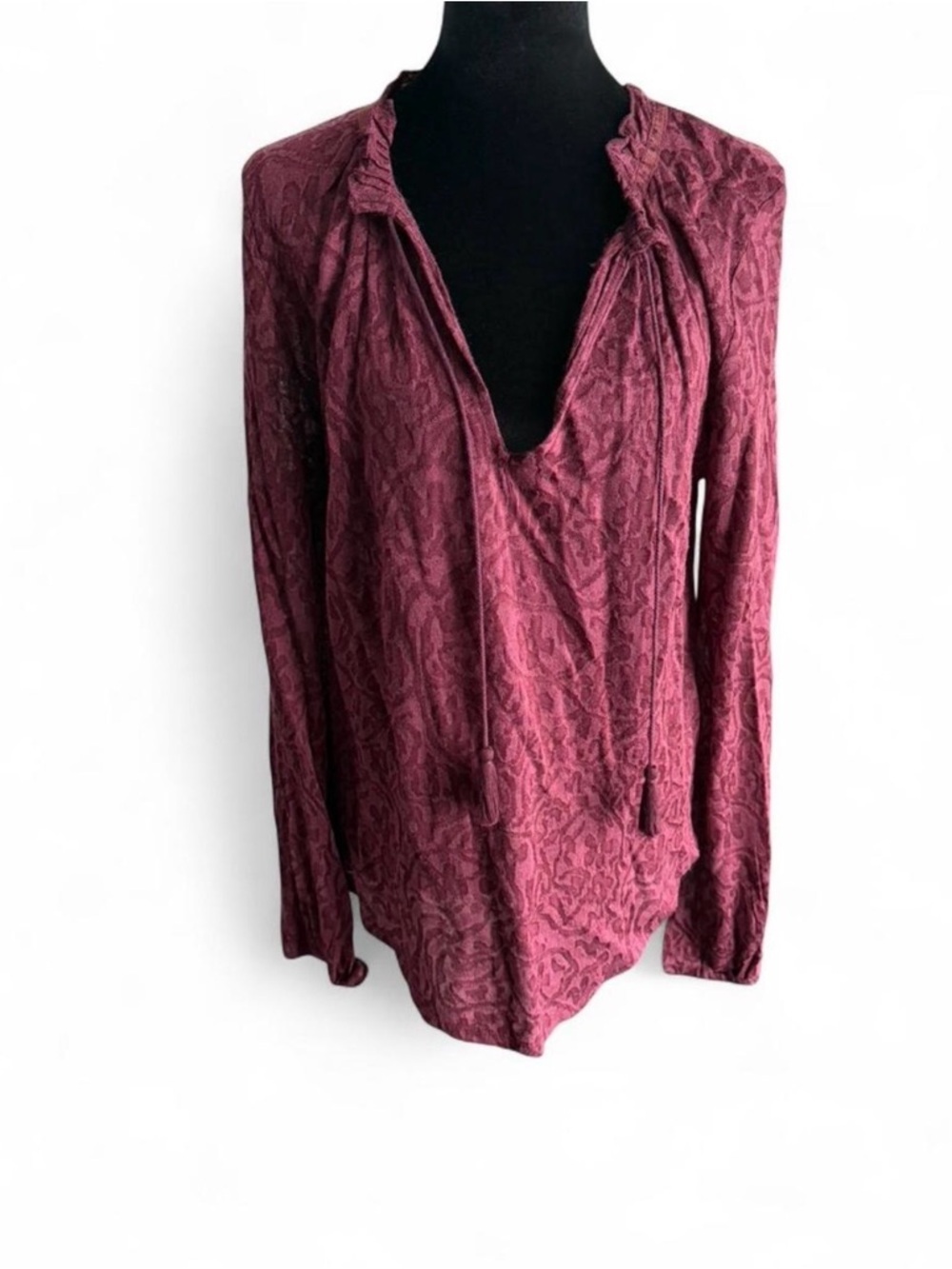 Lucky Brand Burgundy Textured Long-Sleeve V-Neck Blouse - Picture 2 of 5